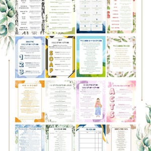 May include: A collection of sixteen digital download Bible tip-ins featuring various religious study guides, prayer methods, and scripture references. Each rectangular card displays distinct text, floral or abstract borders, and instructional content.