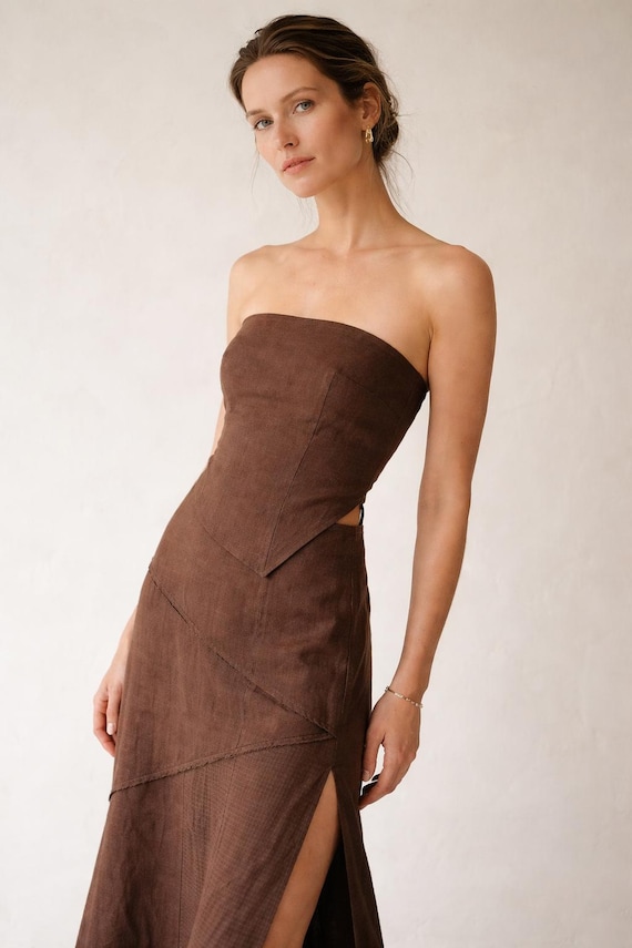 brown linen strapless dress Chocolate | Organic Clothing | Bandeau Cutout Side Slit 87cm * Hips 46/116cm bo-sale-picks-AW24 M Missoni Black White Size:38-Long