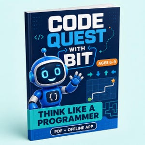 May include: A book titled Code Quest with Bit, featuring a blue robot character on a dark blue cover. The text reads Think Like A Programmer, Ages 6-9, and PDF + Offline App. The cover includes a grid with a path, arrows, and code symbols.