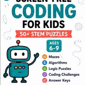 Quaderno di esercizi di programmazione senza schermo per bambini dai 6 ai 9 anni / Puzzle e giochi di logica STEM (download digitale)