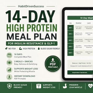 Proteinrik måltidsplan för GLP-1 och insulinresistens | 14-dagars måltidsplanerare, proteinrika recept, blodsockervänlig PDF, viktminskning
