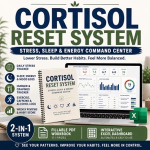Sistema di ripristino del cortisolo / Monitoraggio dello stress, pianificazione del sonno e dell'energia / Cartella di lavoro PDF compilabile + dashboard Excel / Monitoraggio del benessere e delle abitudini