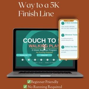 Pode incluir: Um computador portátil e um smartphone exibem um programa de caminhada de 8 semanas intitulado Couch to Walking Plan. O ecrã mostra texto como No Running Required, Printable PDF e Fillable PDF. O telemóvel mostra um plano e um rastreador.