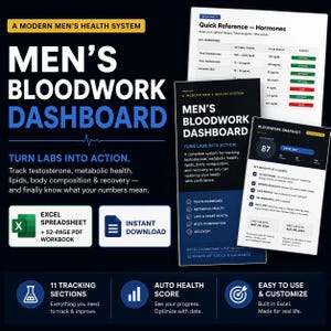 以下が含まれることがあります： Men's Bloodwork Dashboardというデジタル健康管理システム。Excelスプレッドシートと52ページのPDFワークブックで構成されています。ホルモン基準値チャートや、87という健康スコアが表示された血液検査スナップショットが含まれています。