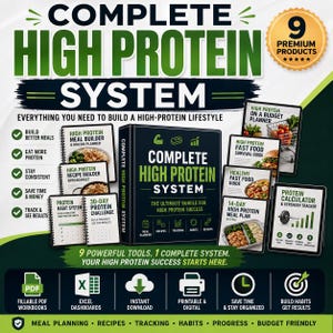 Op de afbeelding: Een digitaal pakket getiteld Complete High Protein System met een centrale ordnergrafiek omringd door acht kleinere documentcovers. De tekst bevat High Protein Meal Builder, Recipe Builder, Protein Habit System, 30-Day Protein Challenge, Fast Food Survival Guide, Healthy Fast Food Guide, 14-Day High Protein Meal Plan en Protein Calculator & Strength Tracker.