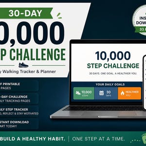 10,000 Step Challenge PDF | 30-Day Walking Tracker (33 Pages)