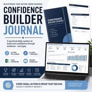 May include: A Confidence Builder Journal set featuring a dark blue notebook with white text, multiple printable pages including a Confidence Rep Tracker, and a laptop displaying a digital dashboard with charts, graphs, and data tracking metrics.