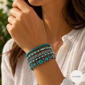 Turquoise Beaded Bracelet Set, Boho Stack Bracelets for Women, Handmade Stretch Bangles, Western Jewellery Gift, Layered Wrist Set