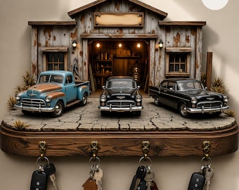 Old Car Shop Key Hanger, 2D Flat Print Three Vintage Cars at Workshop Design, Wall Mounted Key Holder