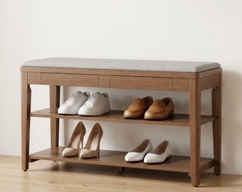 Entryway Bench - Solid Wood Shoe Bench, Hall Bench, Foyer Bench, Narrow Bench, 2 Tier Shoe Rack, Hidden Drawer, Cushion, Small Shoe Bench