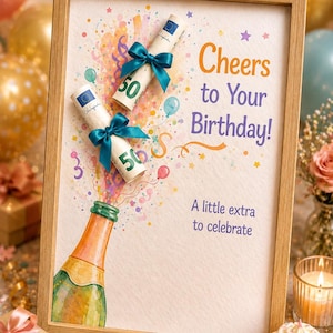 Portadinero de cumpleaños imprimible, regalo en efectivo con forma de botella de champán en PDF, idea creativa para regalo de cumpleaños, descarga instantánea, regalo de dinero para hacer tú mismo