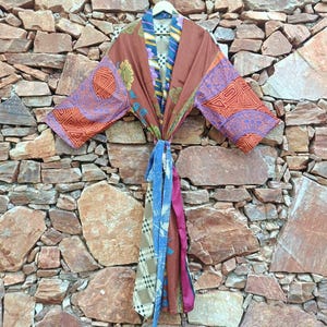 Vintage Silk Saree Kantha Robe, One of a Kind Patchwork Kimono Gown, Brown Orange Purple Long Duster, Handmade Boho Birthday Gift