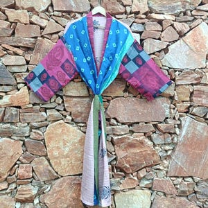 Vintage Silk Patchwork Kimono Robe - Blue & Pink Paisley Kantha Duster - Upcycled Sari Boho Lounge Jacket