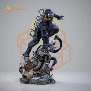 May include: A detailed Venom figurine in a dynamic pose, featuring a black muscular body with white spider emblems, a long red tongue, and sharp teeth. The character stands atop a ruined stone base with debris, a bell, and smaller tendrils.