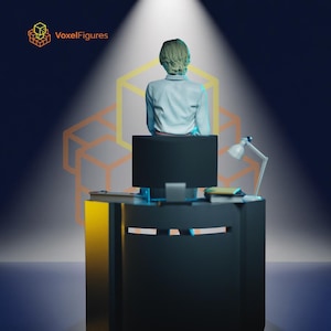 May include: A figurine of a person with short hair wearing a light blue shirt, seated at a black desk with a computer monitor, a small lamp, and books. The text VoxelFigures appears in the top left corner with a yellow cube icon.