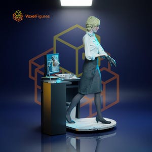 May include: A figurine of a person with blonde hair wearing a white collared shirt, a dark grey skirt, and black stockings, putting on a black glove. The figure stands on a circular base next to a desk with a computer monitor displaying an image.