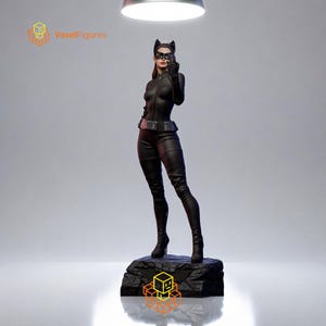 May include: A detailed Catwoman figurine standing on a textured black rock base. The character wears a fitted black bodysuit, a utility belt, gloves, and a mask with cat ears. The VoxelFigures logo is visible in the top left and on the base.