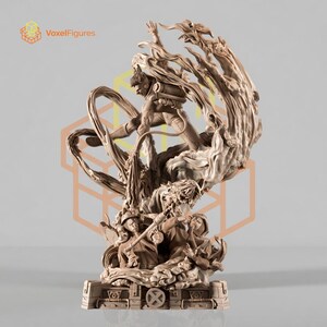 Peut inclure: Une figurine en résine brun monochrome représentant une scène dynamique avec un personnage central bondissant au milieu d'effets de fumée tourbillonnants. En dessous, deux personnages portant des masques à gaz et un équipement militaire.