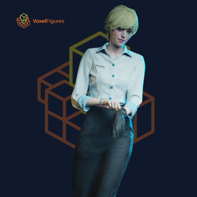 May include: A collectible figurine of a person with short blonde hair, wearing a light blue button-down shirt with teal buttons and a black skirt. The shirt features a small name tag that reads "Harry Rice". The figure wears a black glove on one hand.