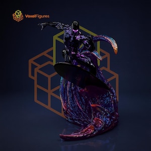 May include: A dark, iridescent figurine of a humanoid character riding a surfboard atop a swirling, wave-like base. The figure has glowing purple eyes and a sleek, reflective finish. The text VoxelFigures appears in the upper left corner.