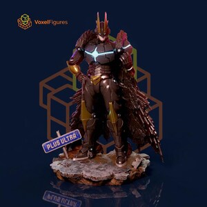 May include: A brown and gold armored action figure with a pointed helmet, a glowing blue chest emblem, and a textured cape. The figure stands on a rocky base next to a small blue sign with the white text PLUS ULTRA, set against a dark background.