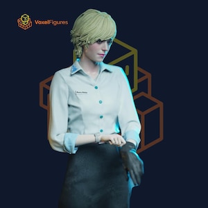 May include: A figurine of a person with short blonde hair wearing a white long-sleeved button-down shirt with blue accents, a dark skirt, and a black glove on one hand. The shirt features the text Sherry Birkin and a small blue triangular pattern.