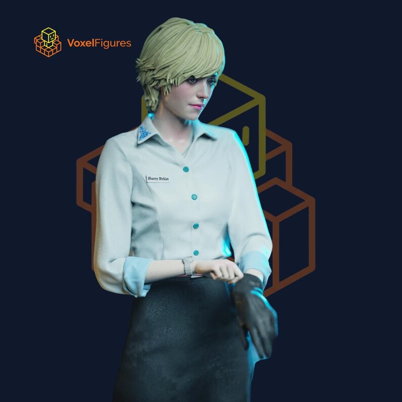 May include: A figurine of a person with short blonde hair wearing a white long-sleeved button-down shirt with blue accents, a dark skirt, and a black glove on one hand. The shirt features the text Sherry Birkin and a small blue triangular pattern.