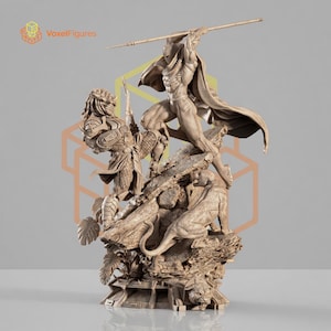 May include: A monochromatic brown resin sculpture featuring a dynamic battle scene with a masked figure holding a spear, a warrior in ornate armor, and a crouching panther on a rocky base. The VoxelFigures logo is visible in the top left corner.