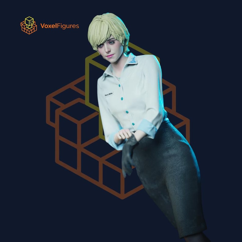May include: A figurine of a person with short blonde hair wearing a white button-down shirt with teal accents and a dark grey skirt. The figure wears dark gloves and is positioned against a dark background with a VoxelFigures logo and cubes.