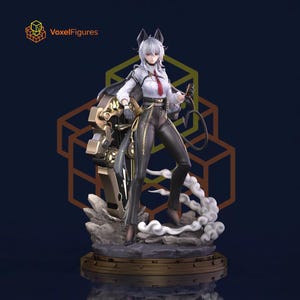 May include: A collectible anime-style figurine featuring a character with white hair, black horns, and a tail, wearing a white button-down shirt with a red tie and black trousers. The figure stands on a rocky base with a large mechanical gear-like structure.