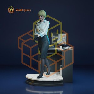 May include: A collectible figurine of a blonde individual wearing a white button-down shirt, a dark grey pencil skirt, black gloves, and black stockings. The figure stands on a white marble-patterned base next to a desk with a computer monitor.