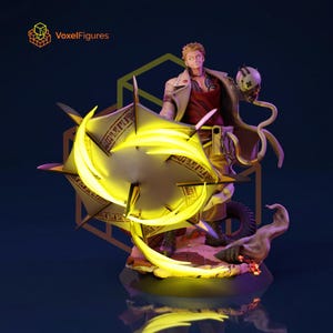 May include: A collectible figurine of a blonde character wearing a tan coat and red shirt, holding a spherical object. A large, glowing yellow circular energy effect with geometric patterns is positioned in front of the figure on a base.
