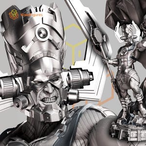 Peut inclure: Une figurine de collection argentée représentant un personnage humanoïde portant un grand casque complexe avec des composants latéraux cylindriques et une haute crête plate. Le personnage tient un long bâton et se tient sur une base texturée.