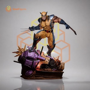 May include: A detailed Wolverine action figure standing on a destroyed purple and orange robotic base. The character wears a yellow and blue suit with a mask, featuring extended metal claws on both hands, a muscular build, and a fierce facial expression.