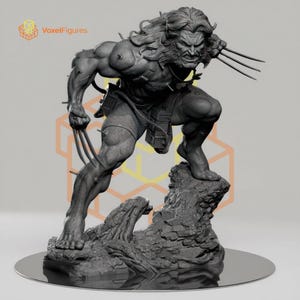 May include: A dark gray monochromatic resin figurine of a muscular, long-haired character in a crouched, aggressive stance. The figure features three sharp claws extending from each hand, a rugged base, and the text VoxelFigures in the top corner.