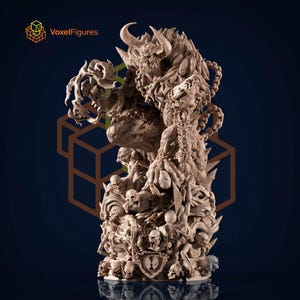 May include: A brown, highly detailed resin figurine featuring a large, horned, muscular demon figure surrounded by multiple smaller skeletal figures and swirling smoke effects. The base includes a shield emblem and several skulls.