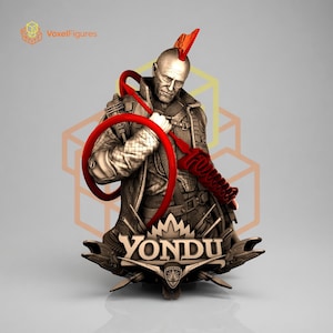 May include: A detailed bust of a character with a mohawk, wearing a textured jacket and holding a red arrow-shaped weapon. The base features the name YONDU in raised lettering, with a small emblem below it. The figure is rendered in a metallic finish.