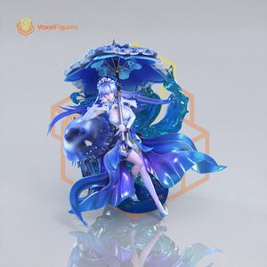 May include: A detailed anime-style figurine featuring a character with long light blue hair, wearing a white and blue outfit, holding a large blue umbrella. The figure is surrounded by translucent blue water-like elements and a jellyfish motif.