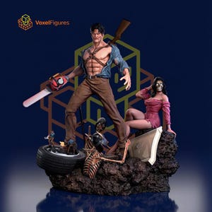 May include: A detailed resin figurine set featuring a male character with a chainsaw hand and a shotgun, standing on a tyre and rocky base with a skeletal figure and a seated female character in a pink dress. The VoxelFigures logo is visible.