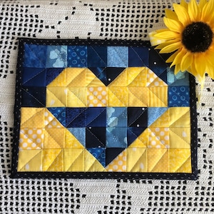 Quilted Heart Mug Rug, Ukraine, colorful snack mat or large coaster 9" X 7" Wall hanging, gift basket item. Candle mat, photo display