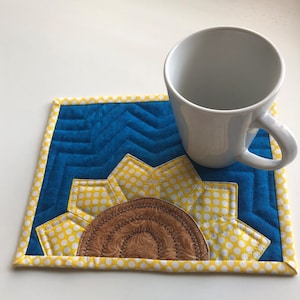 Sunflower Mug Rug Quilt, Made to Order, Yellow Blue, 9.5X7.5, handmade gift for her, teacher, mom, BFF, coworker, mother-in-law, gardener image 4