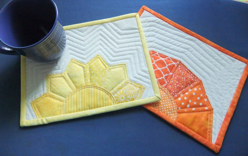 Mug Rug PATTERNS set of 2, Yellow Sunshine and Orange Sunset Quilted Snack Mat Patterns, Small quilted place mats, Pinterest popular image 6