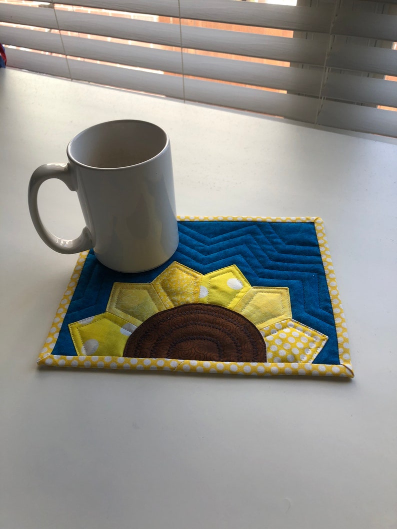 Ukraine Sunflower Mug Rug PATTERN, 5USD, Yellow Blue, 10X7.5, Quilter's gift, quilted large coaster image 5