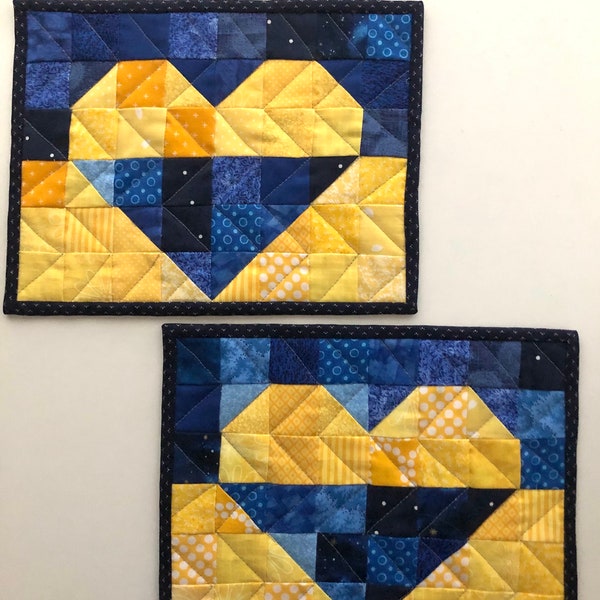 Quilted Hearts for Ukraine, set of 2 snack lunch mats or extra large coasters 10.5" X 8" Wall hanging, gift basket item. Refugee support