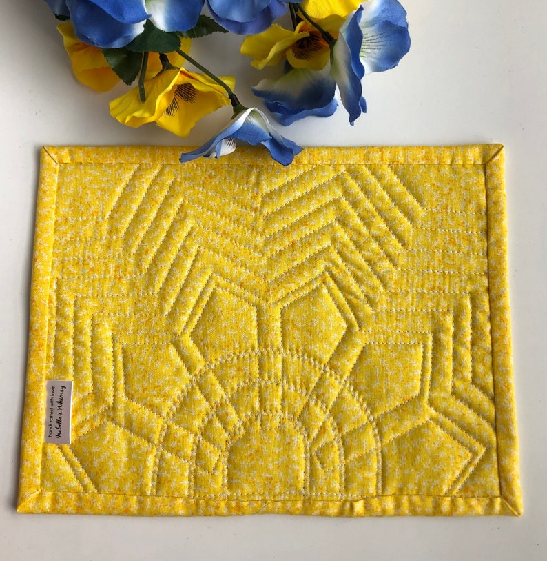 Sunflower Mug Rug Quilt, Made to Order, Yellow Blue, 9.5X7.5, handmade gift for her, teacher, mom, BFF, coworker, mother-in-law, gardener image 2