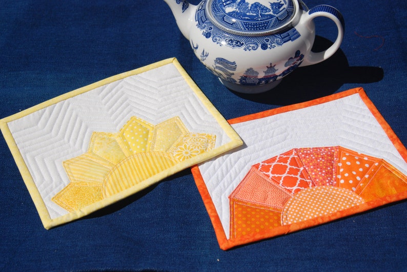 Mug Rug PATTERNS set of 2, Yellow Sunshine and Orange Sunset Quilted Snack Mat Patterns, Small quilted place mats, Pinterest popular image 4