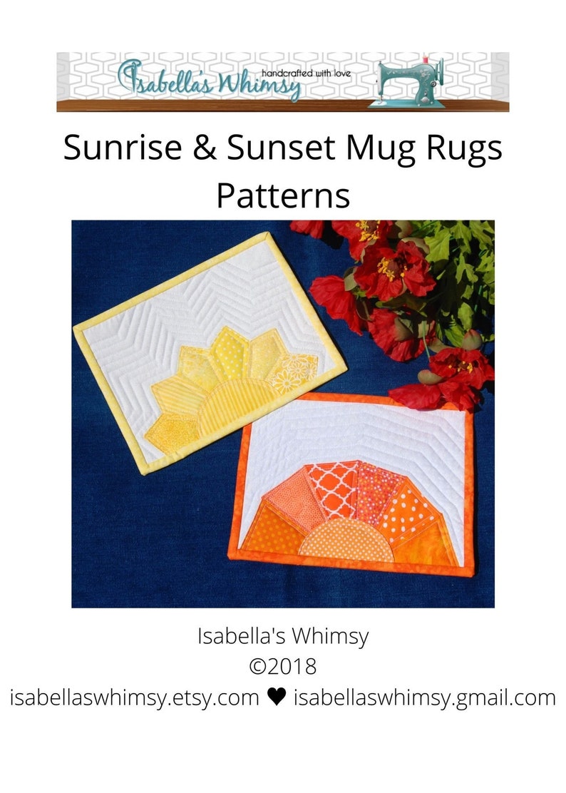 Mug Rug PATTERNS set of 2, Yellow Sunshine and Orange Sunset Quilted Snack Mat Patterns, Small quilted place mats, Pinterest popular image 1