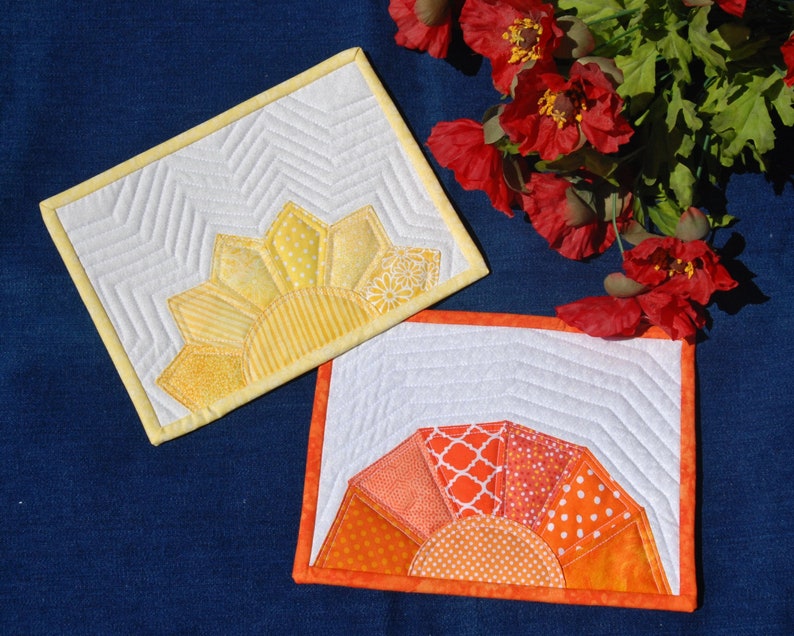 Mug Rug PATTERNS set of 2, Yellow Sunshine and Orange Sunset Quilted Snack Mat Patterns, Small quilted place mats, Pinterest popular image 3