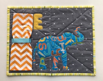 Elephant Place Mat for Kids, Whimsical Pachyderm Snack Mat, Quilted fabric fun for lunch placemat, 15” X 12”, napkin fits in place. Washable