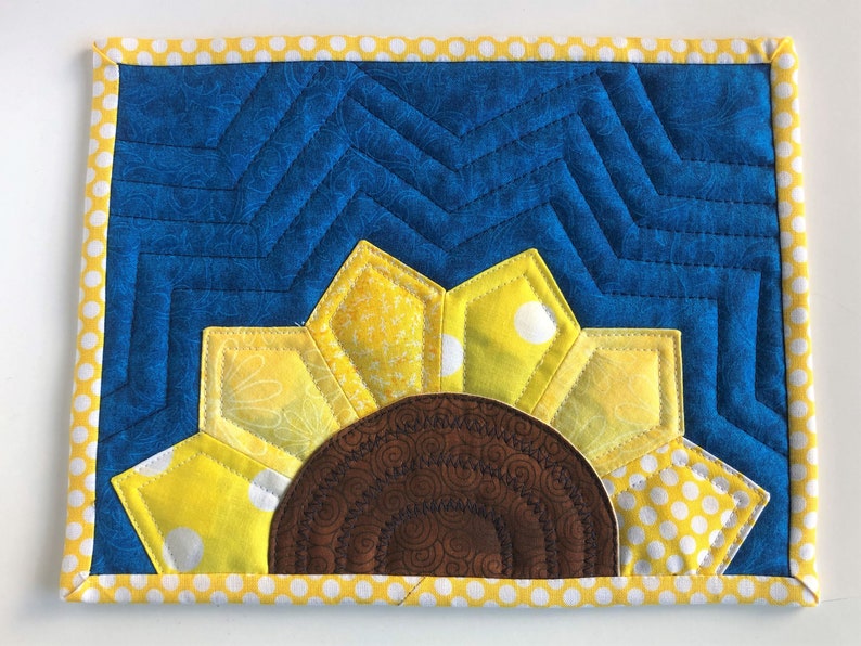 Ukraine Sunflower Mug Rug PATTERN, 5USD option, Yellow Blue, 10X7.5, Quilter's gift, quilted large coaster image 2